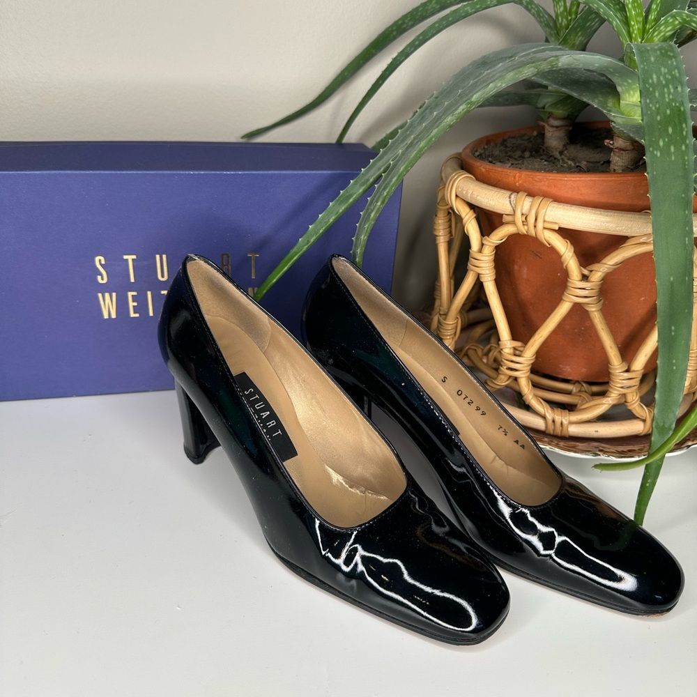 VTG Stuart Weitzman Lex Black Patent Leather Pumps 7.5 AA Block Heel Square Toe - Picture 2 of 15